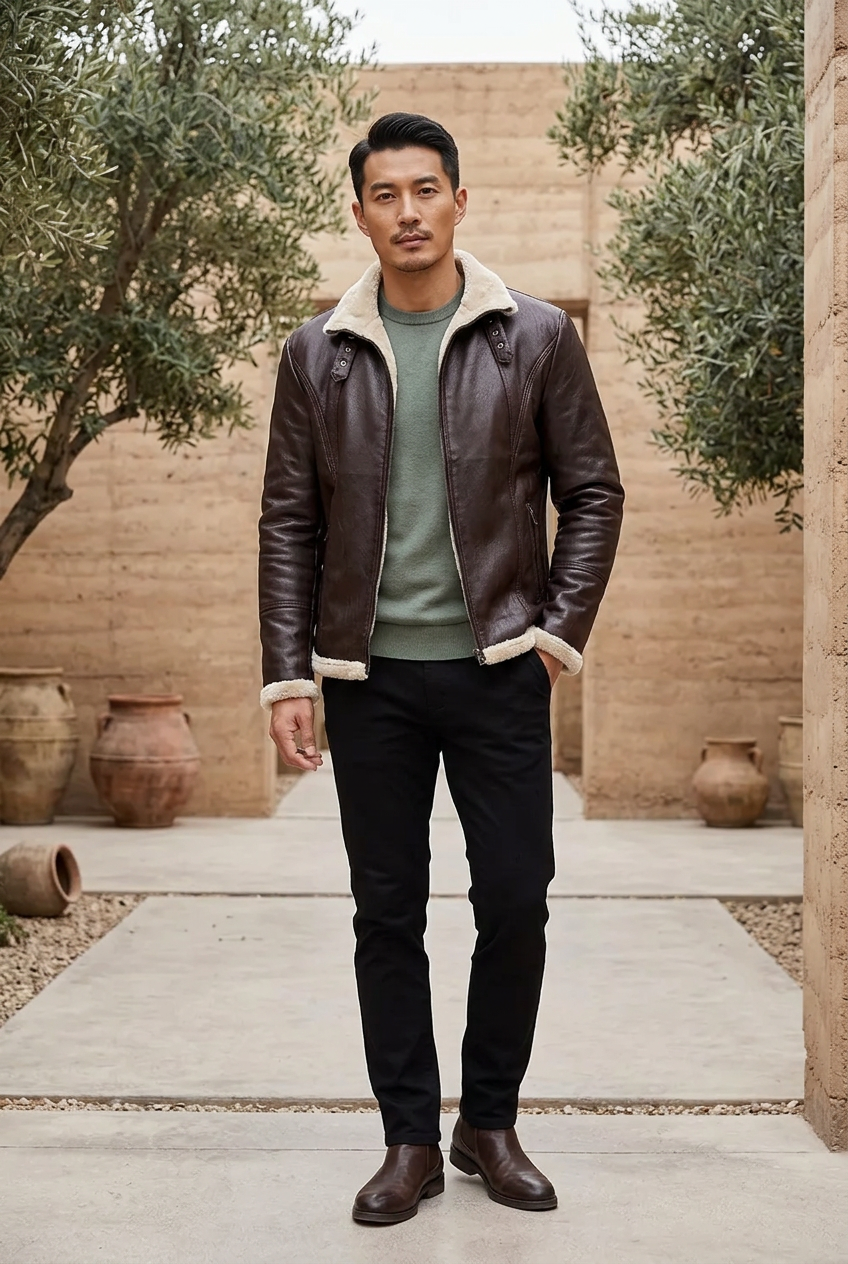 Dark-brown jacket styled in a desert resort courtyard