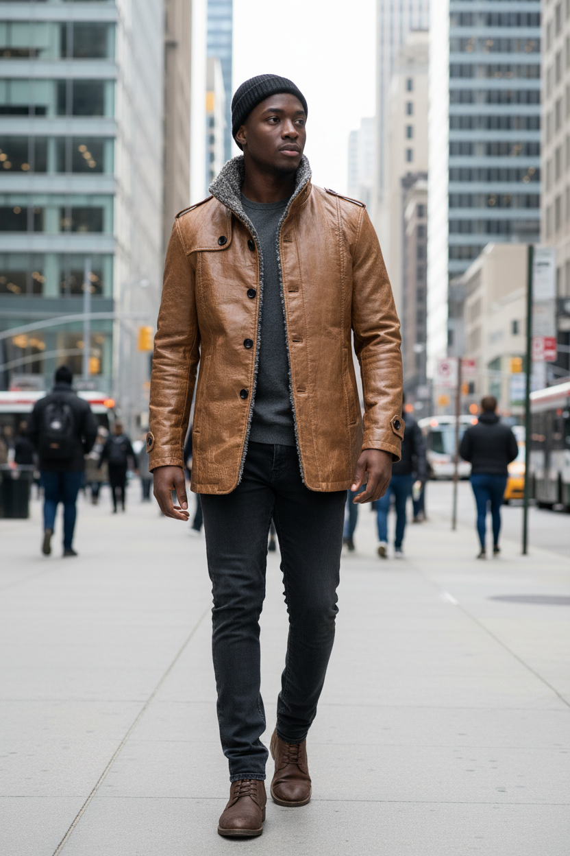 Downtown sidewalk, collar up