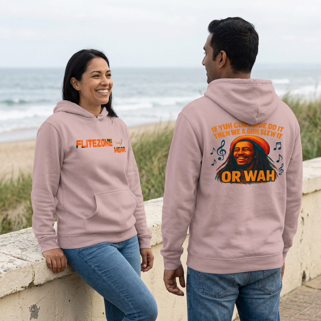 Dusty pink hoodie lifestyle image with woman showing the front and man showing the back beside the sea