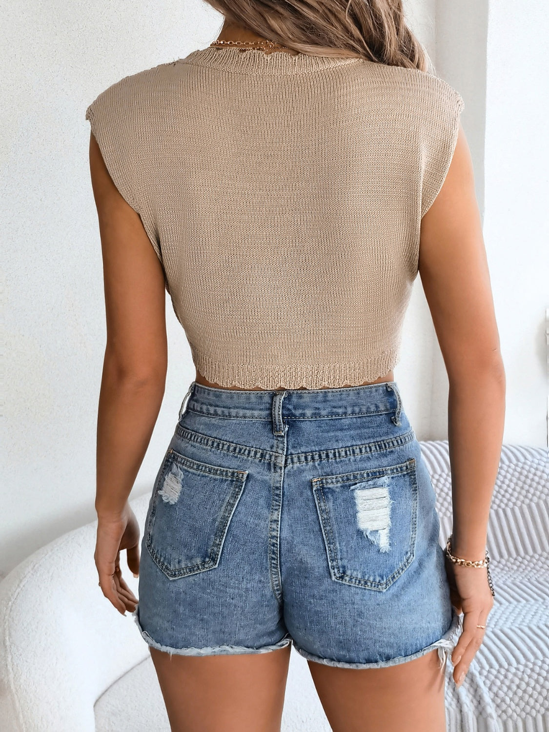 FZ Women's Openwork Round Neck Cap Sleeve Knit Top - FZwear