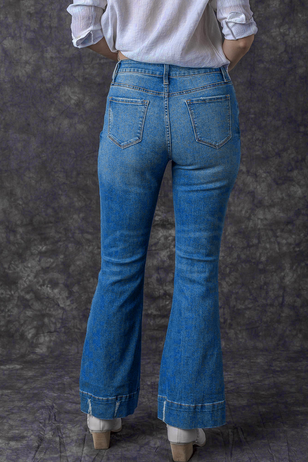 Sky Blue Slight Distressed Medium Wash Flare Jeans - FZwear