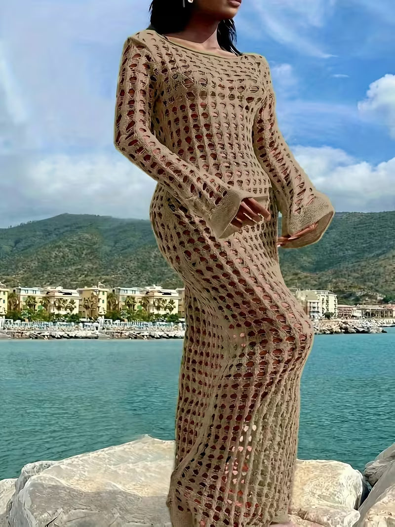 FZ Women's Plus Size Casual Loose Hollow Long Sleeve Swimwear Cover-Up