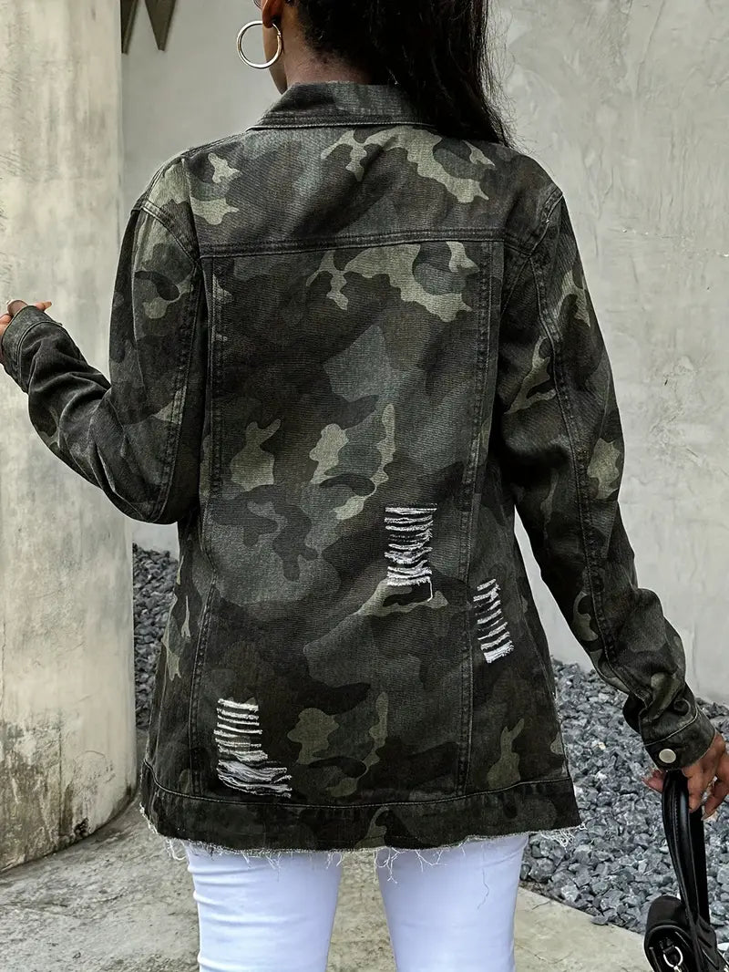 FZ Women's Camo Casual Long Sleeve Button-Up Denim Jacket