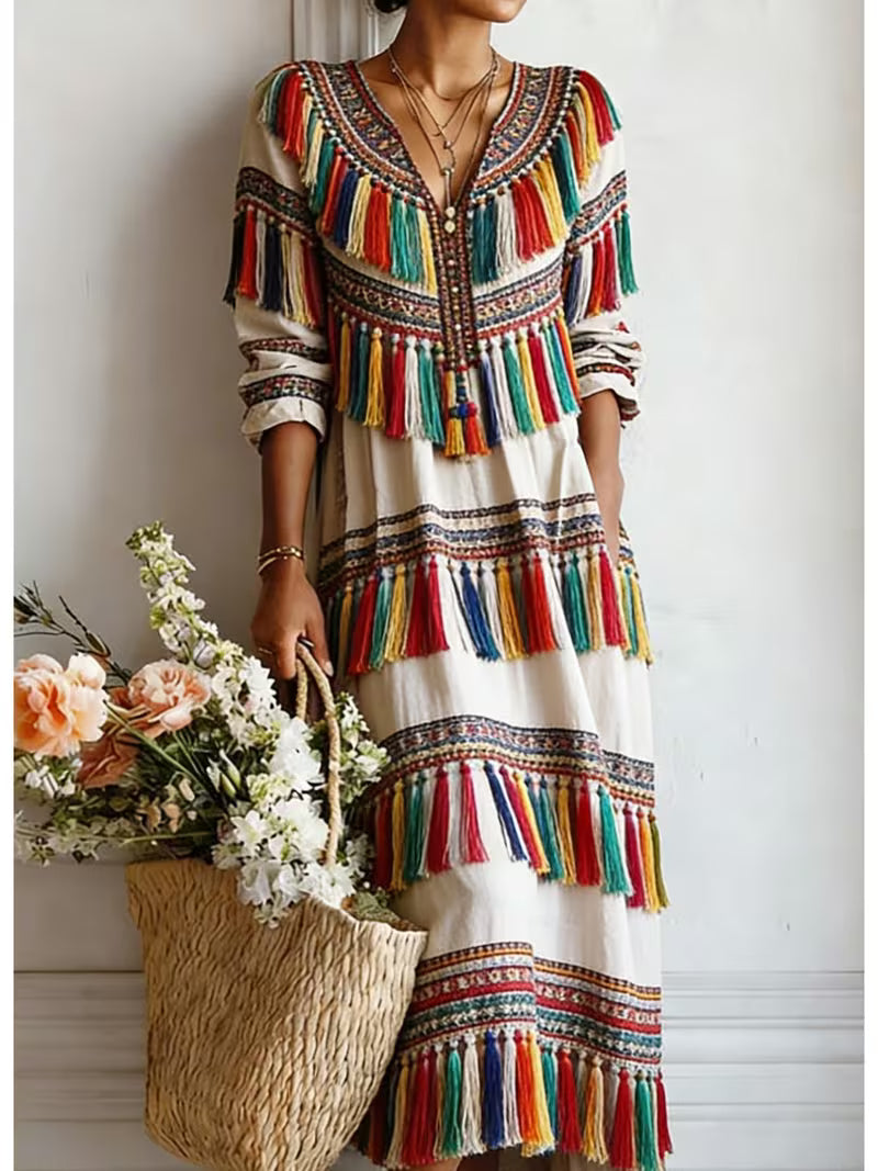 FZ Women's Plus Size V-Neck Mid-Sleeve High-Waisted Retro Print Maxi Dress