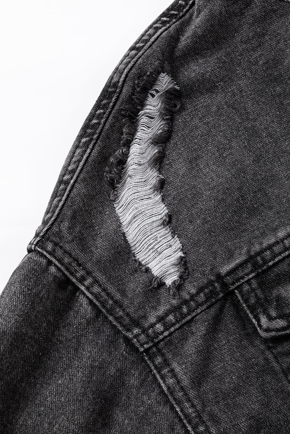 Black Drawstring Hooded Frayed Denim Jacket FZwear