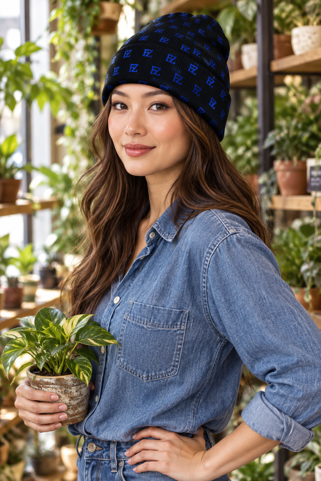 East Asian female model holding a plant in a plant shop