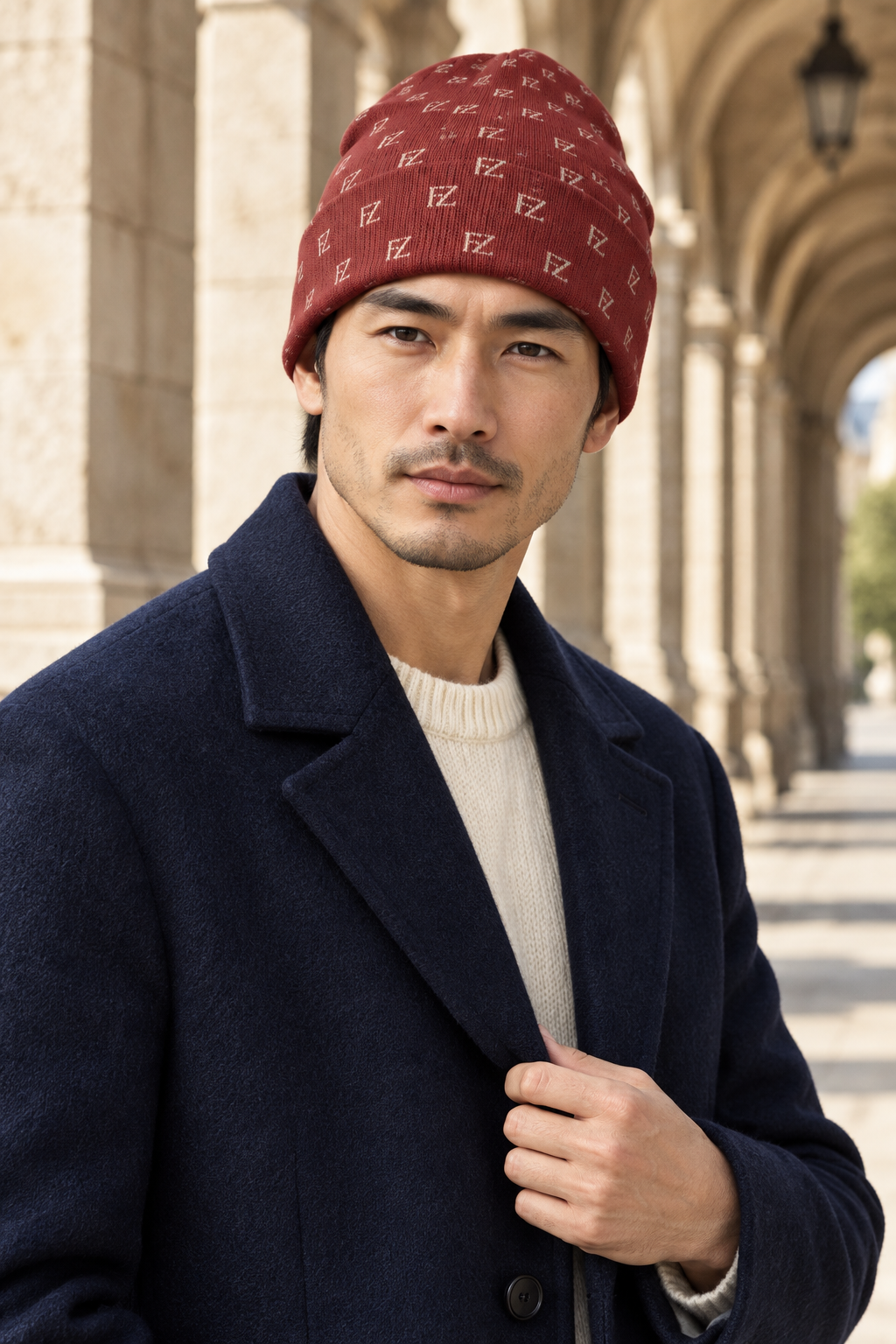 East Asian male model adjusting his coat lapel in a stone arcade