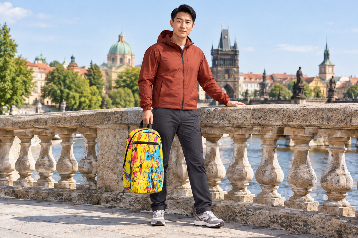 East Asian male model hand-carrying the backpack on a stone bridge