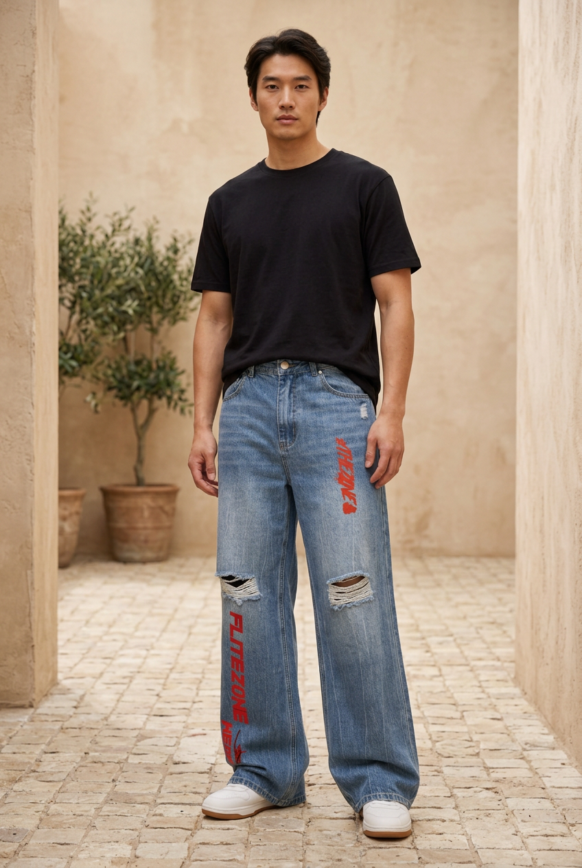 East Asian male model in a beige courtyard