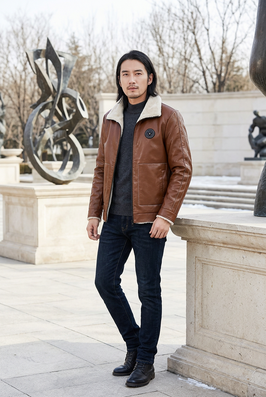 East Asian male model wearing the brown cream-collar jacket in a sculpture park