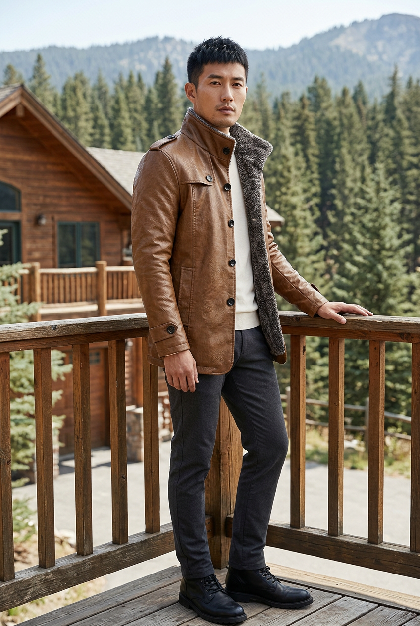 East Asian male model wearing the brown PU leather jacket at a mountain lodge