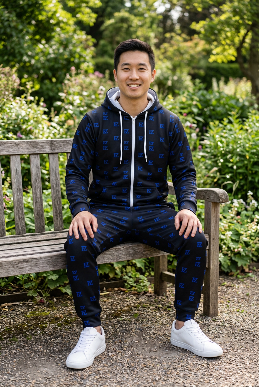 East Asian male seated on a garden bench
