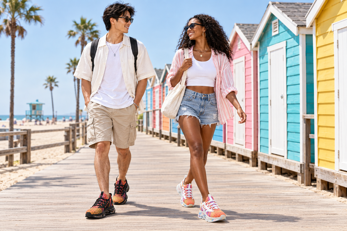 East Asian man and Black woman on a beach boardwalk with colorful huts in the sunset sneakers