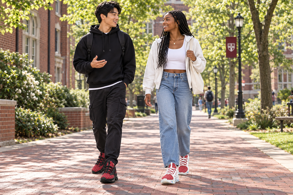 East Asian man and Black woman on a campus path in the red Z-logo sneakers
