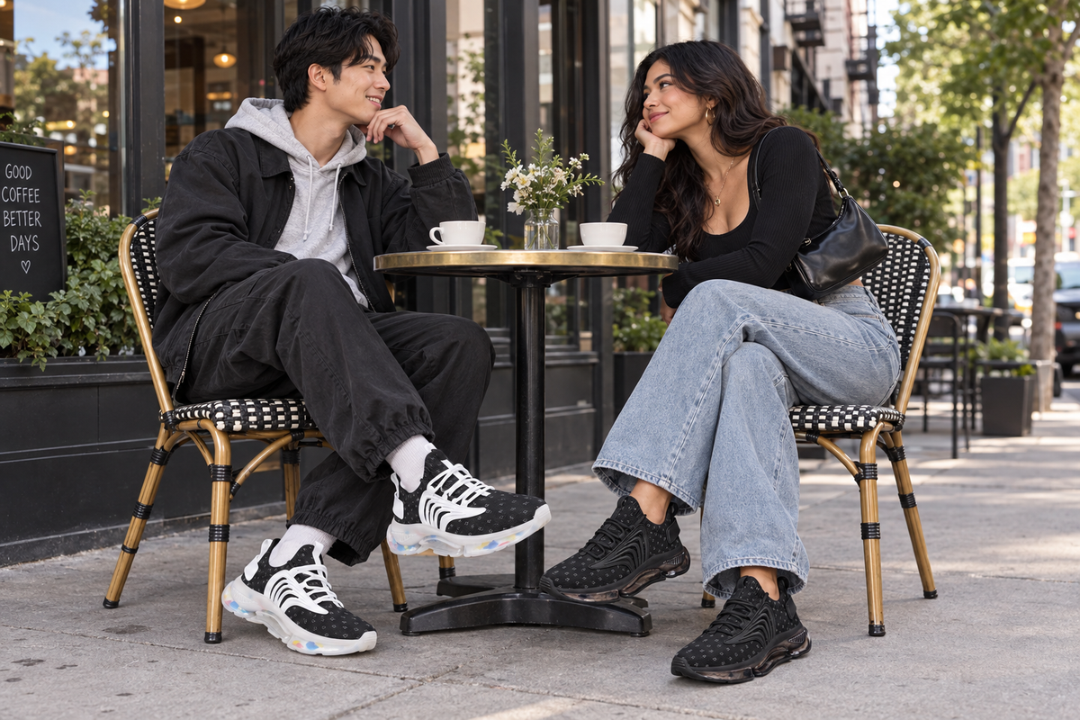 East Asian man and Latina woman at a sidewalk café in the black Z-logo sneakers