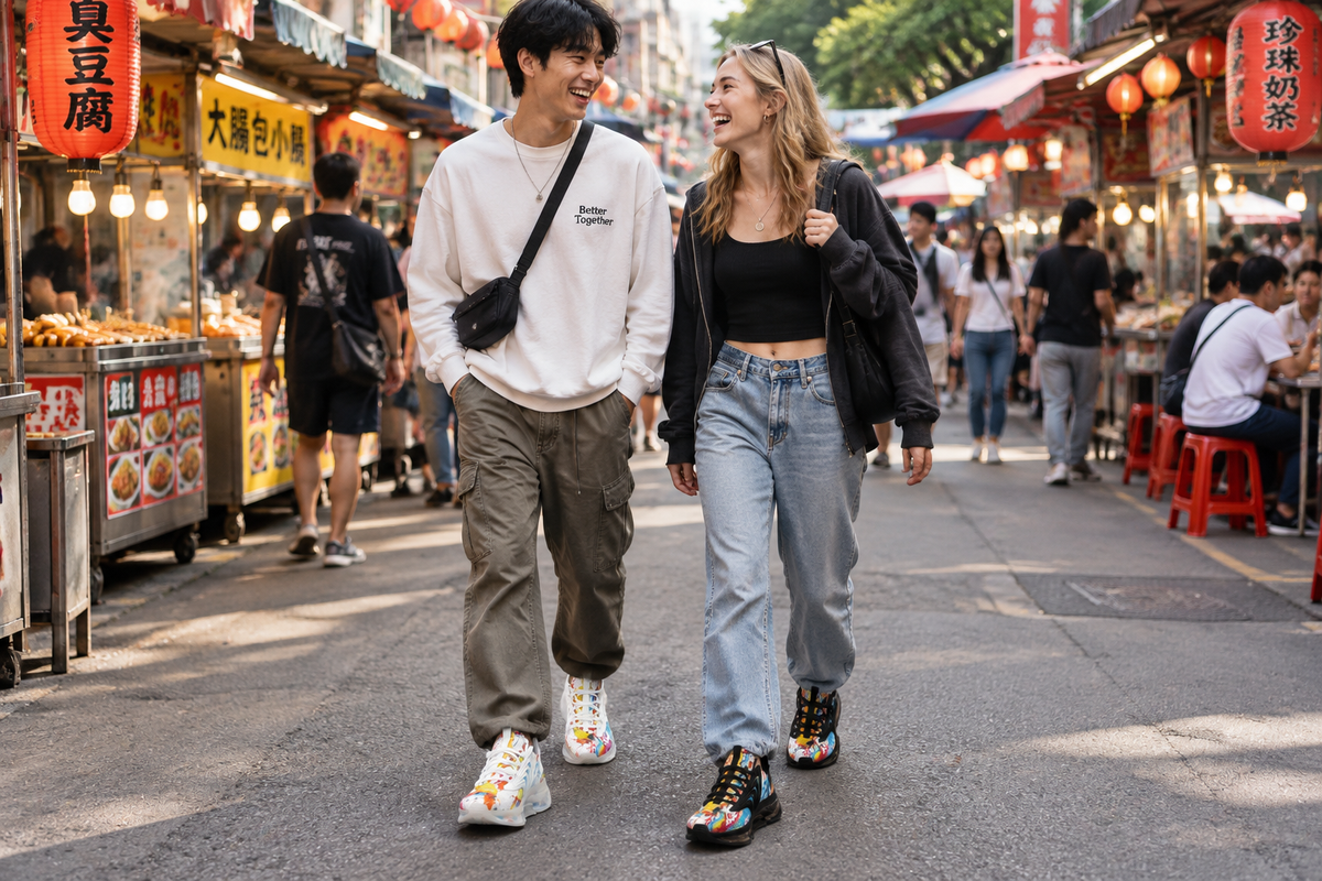 East Asian man and white woman at a street-food market in the paint-splatter sneakers