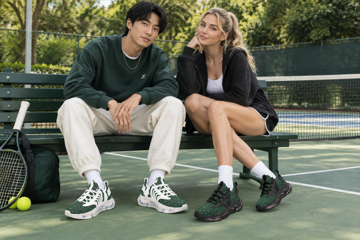 East Asian man and white woman courtside at an outdoor tennis court in the green Z-logo sneakers