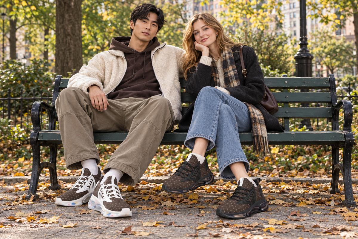East Asian man and white woman on an autumn park bench in the brown Z-logo sneakers