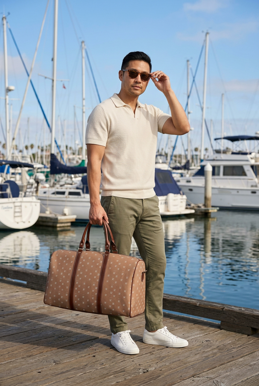 East Asian man carrying the bag on a marina boardwalk
