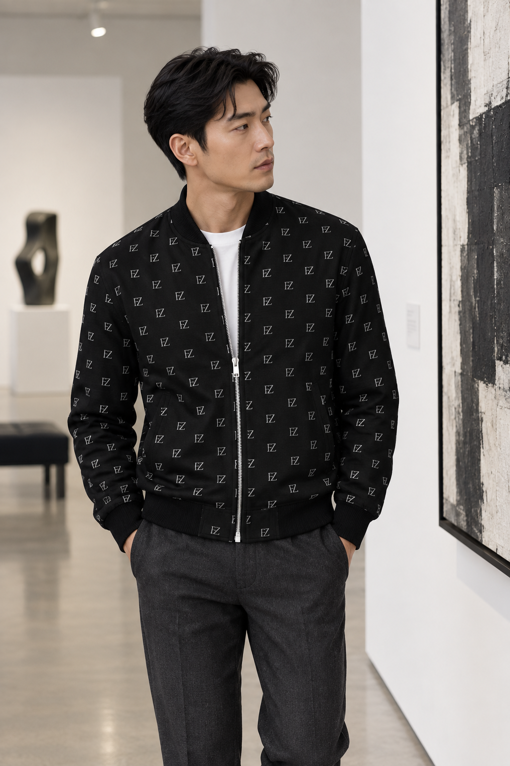East Asian man in the black FZ bomber in an art gallery