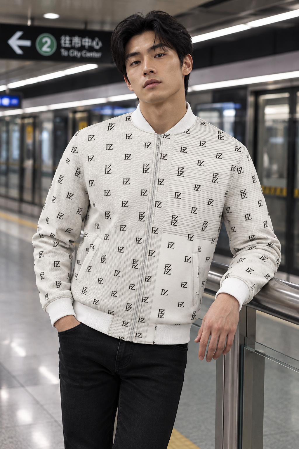 East Asian man in the FZ denim bomber on a subway platform