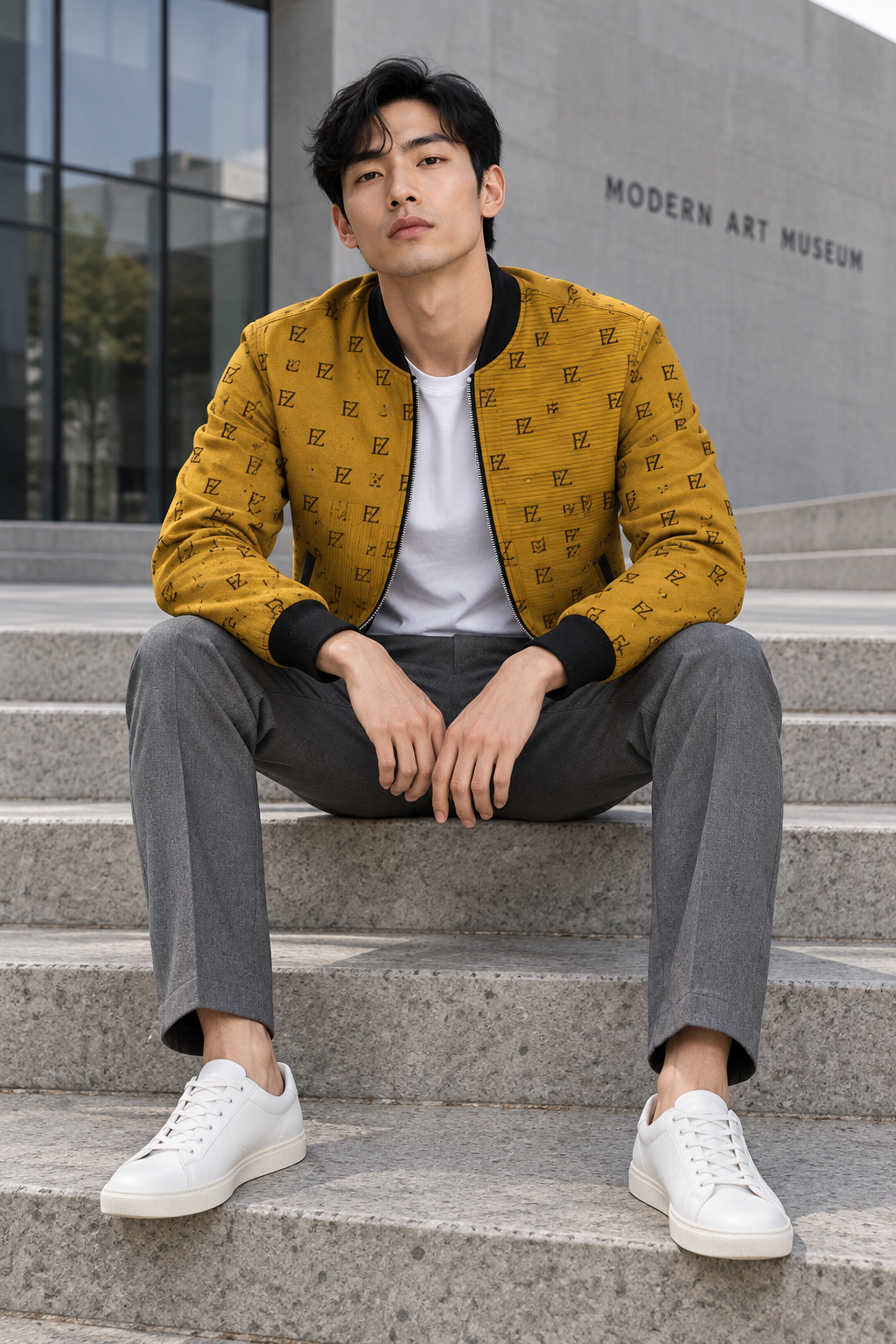 East Asian man in the mustard FZ bomber on museum steps