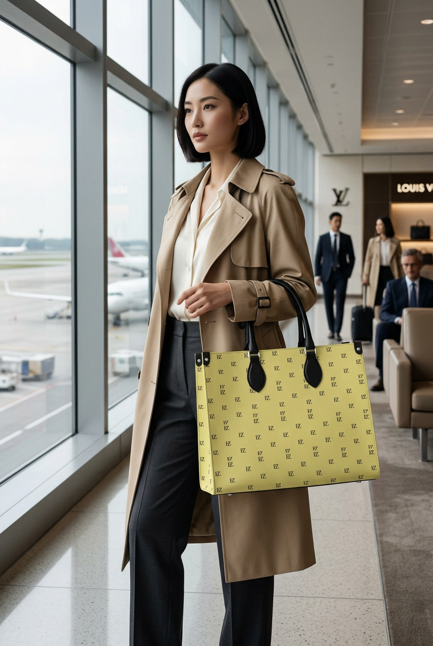 East Asian model carrying the jumbo bag in an airport lounge