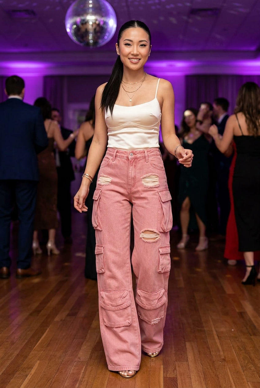 East Asian model dancing in pink cargo jeans and gold heels