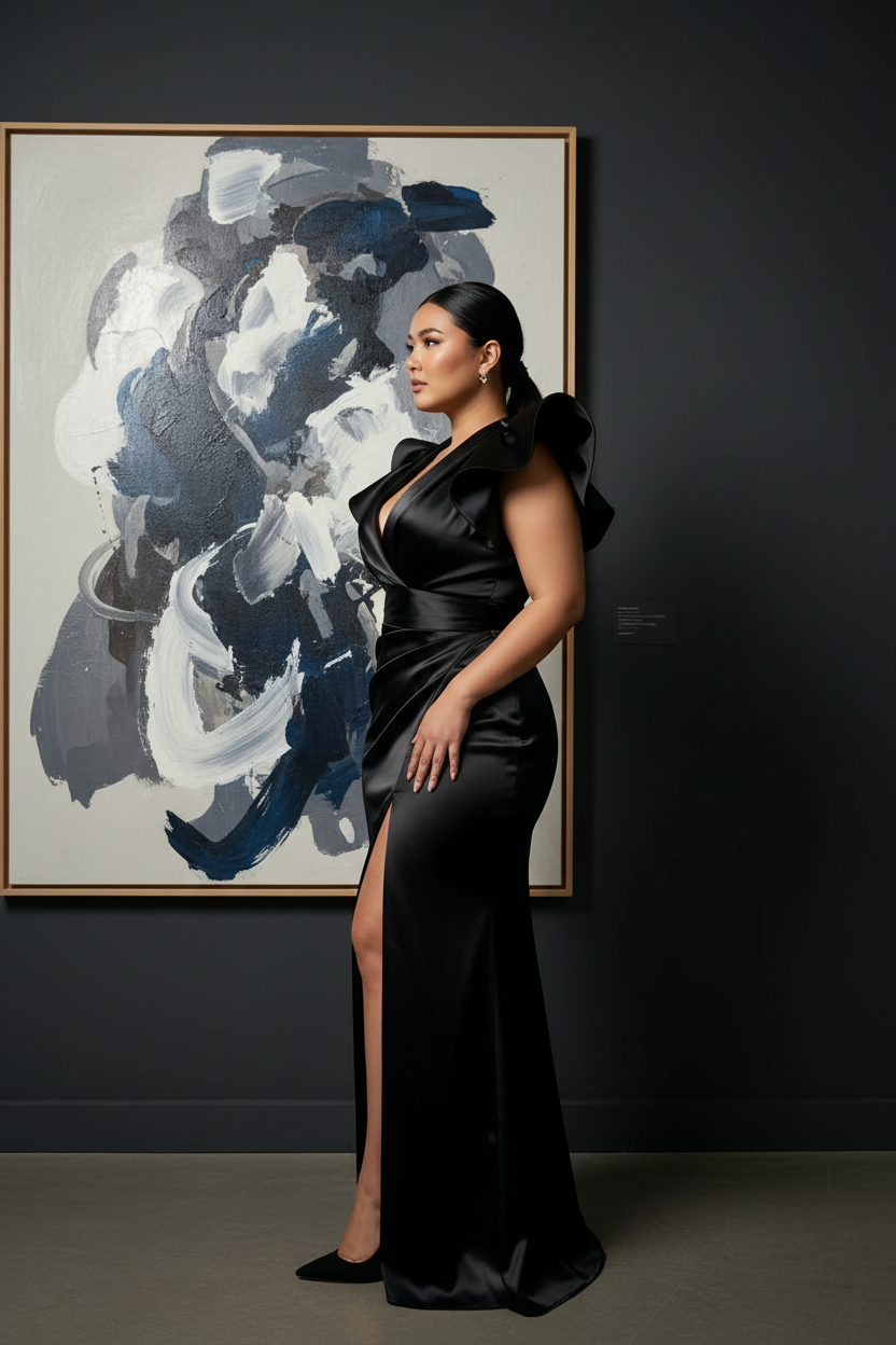 East Asian model in black ruffle dress at an art gallery