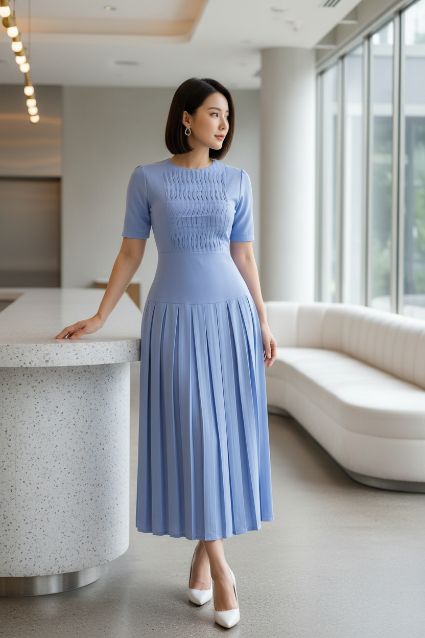 East Asian model in powder-blue pleated set at a modern café
