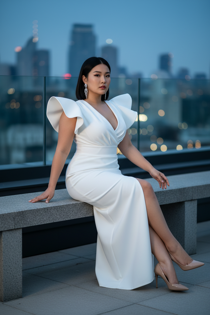 East Asian model in white ruffle dress on a city rooftop