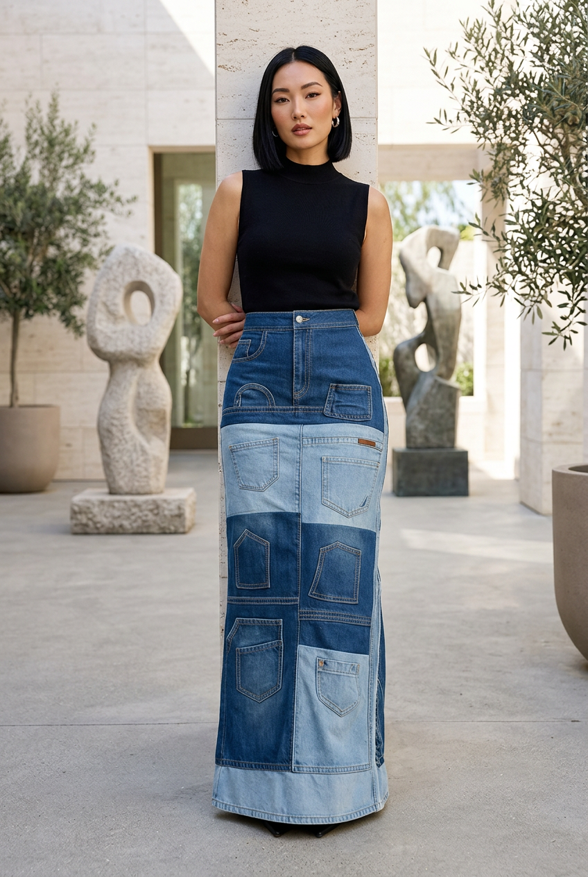 East Asian model leaning against a sculpture-courtyard wall