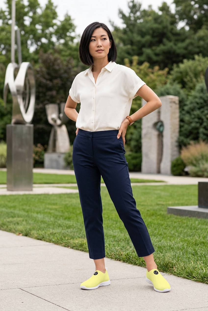 East Asian model posing in a sculpture garden