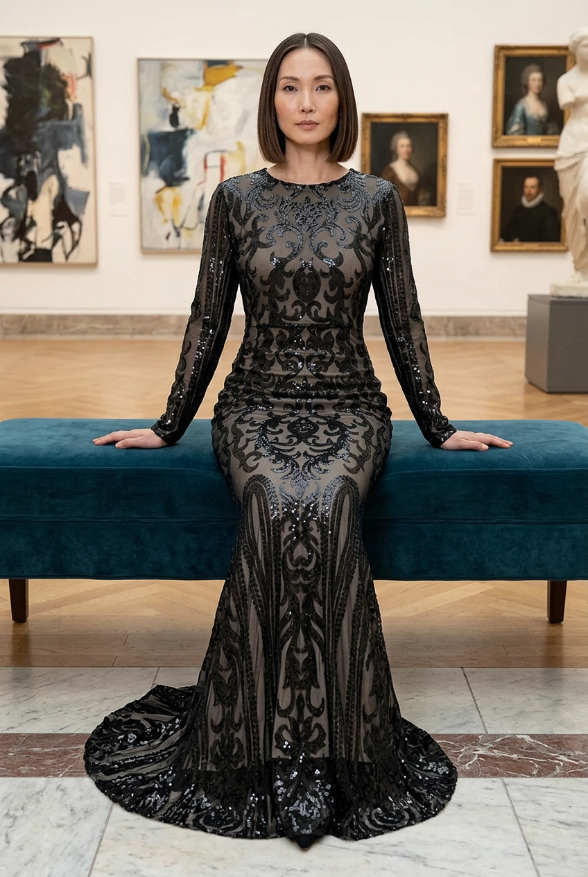 East Asian model seated in an elegant art gallery
