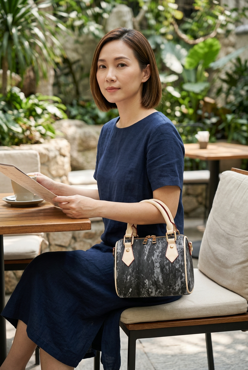 East Asian woman carrying the cream-trim handbag over her forearm at a garden café