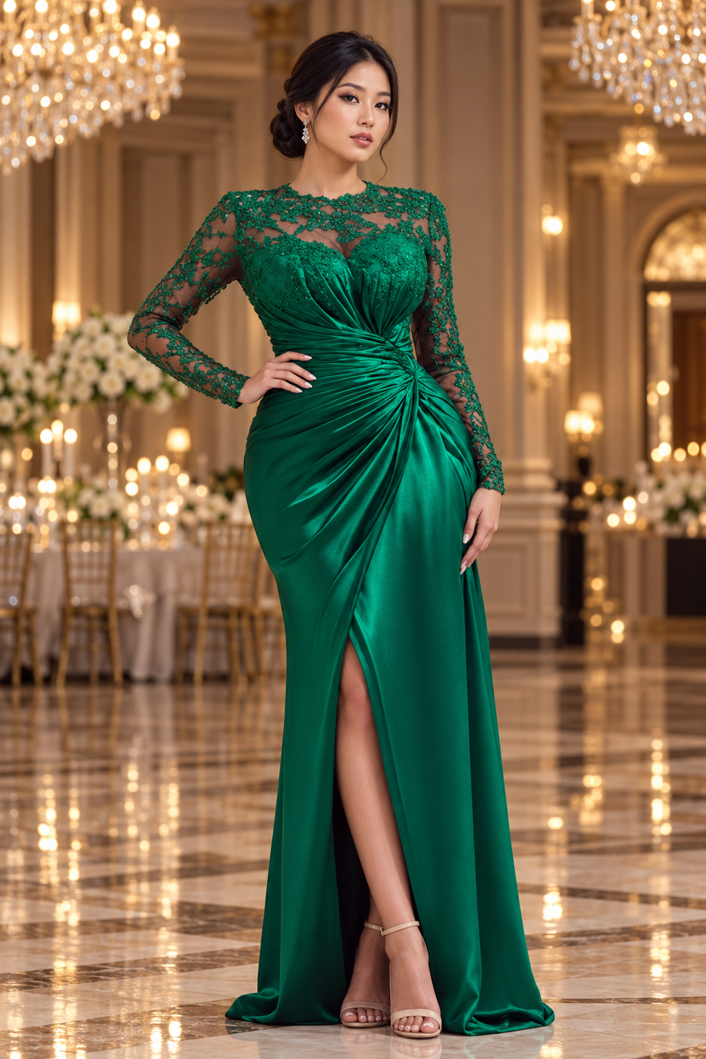 East Asian woman in the emerald gown in a chandelier ballroom