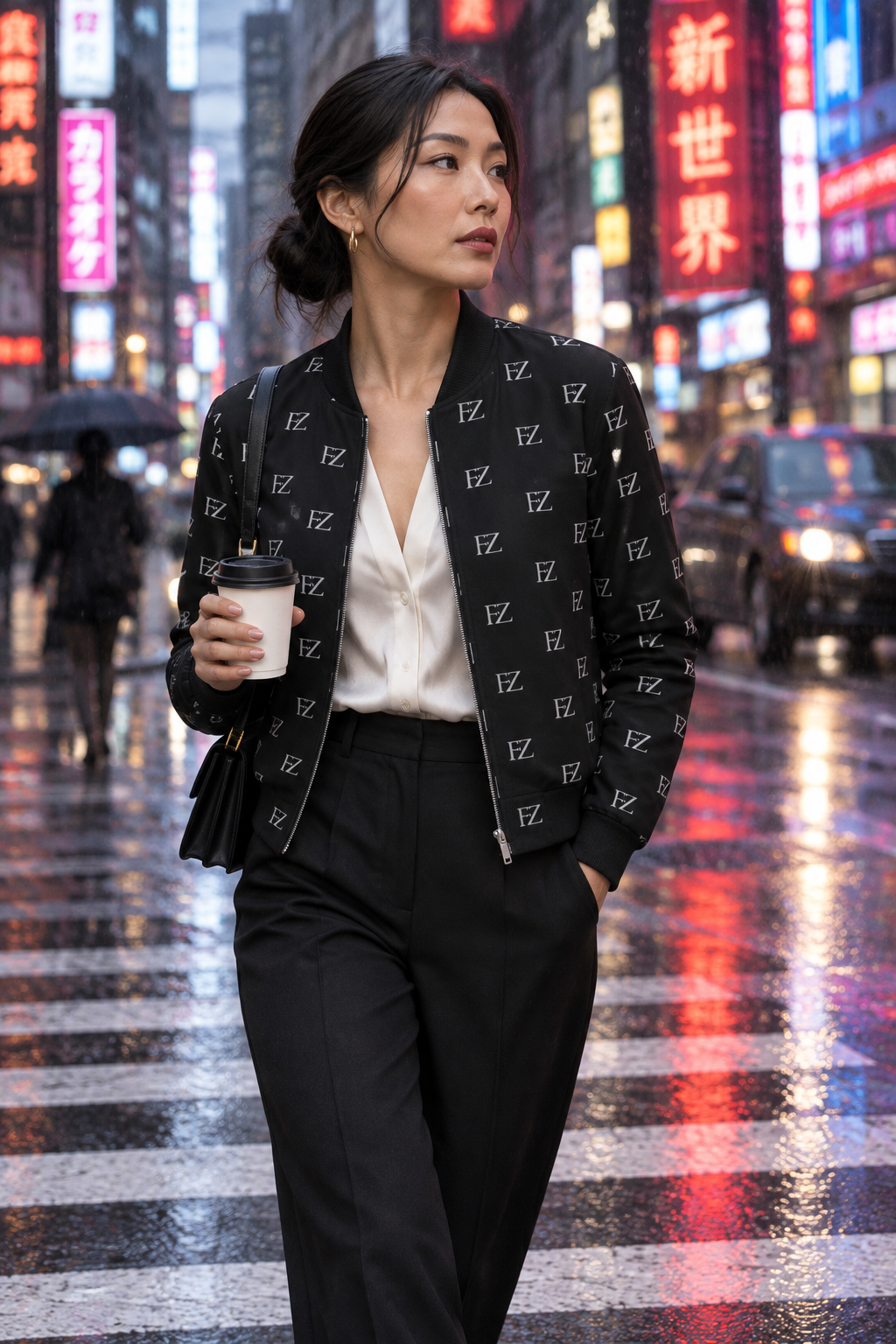 East Asian woman in the women's black FZ bomber on a rainy neon street