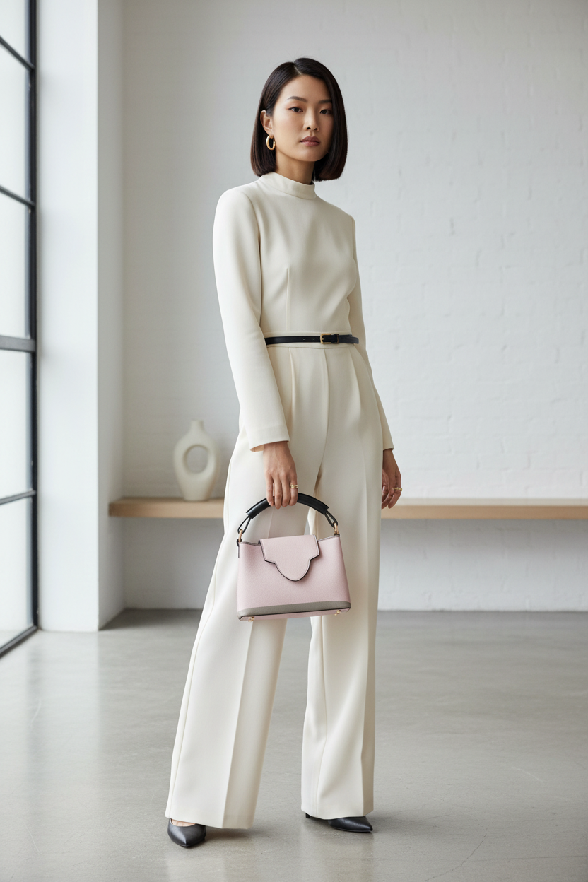 East Asian woman with pink handbag, interior background