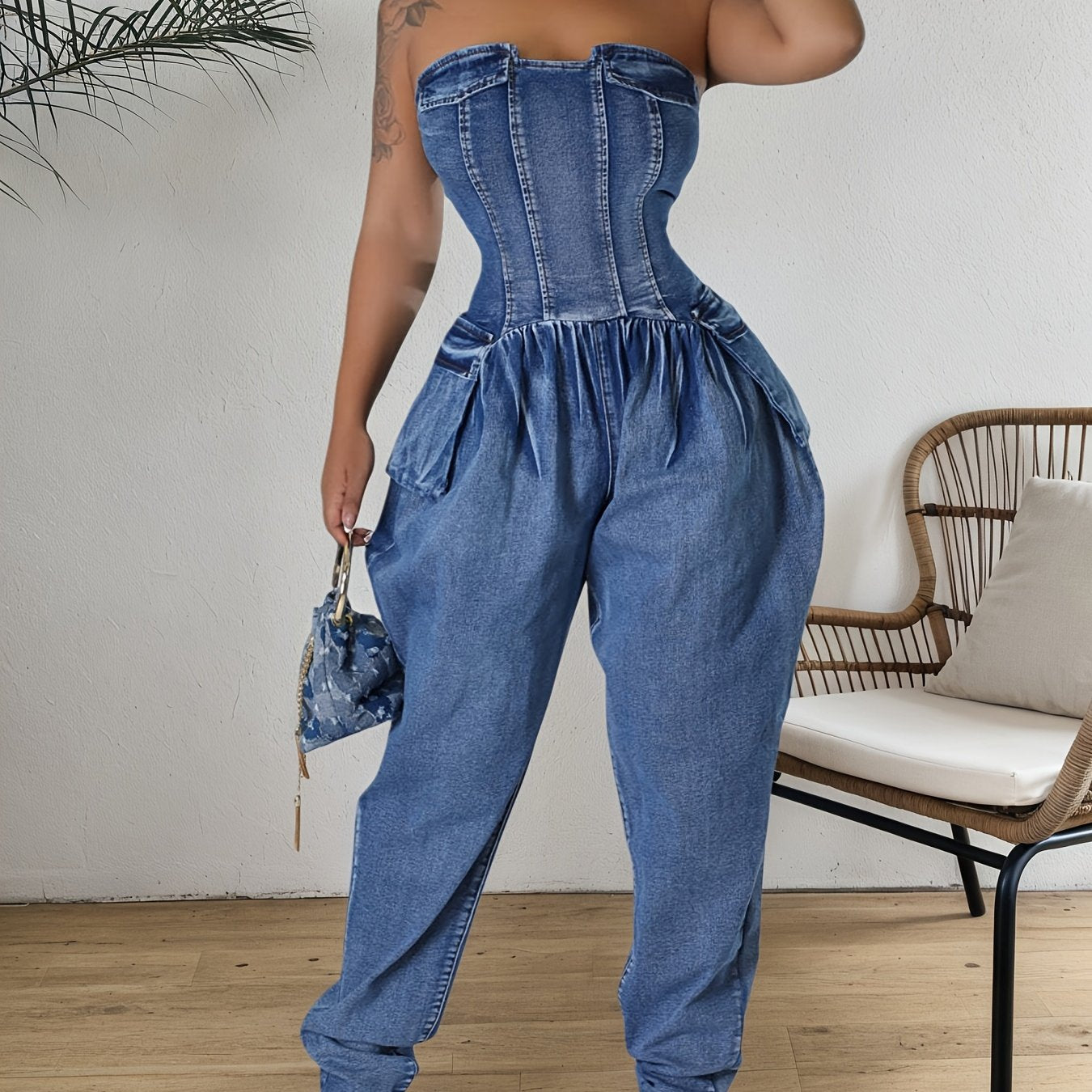 FZ Women's Cargo Fashion Sleeveless With Pockets Strapless Denim Jumpsuit