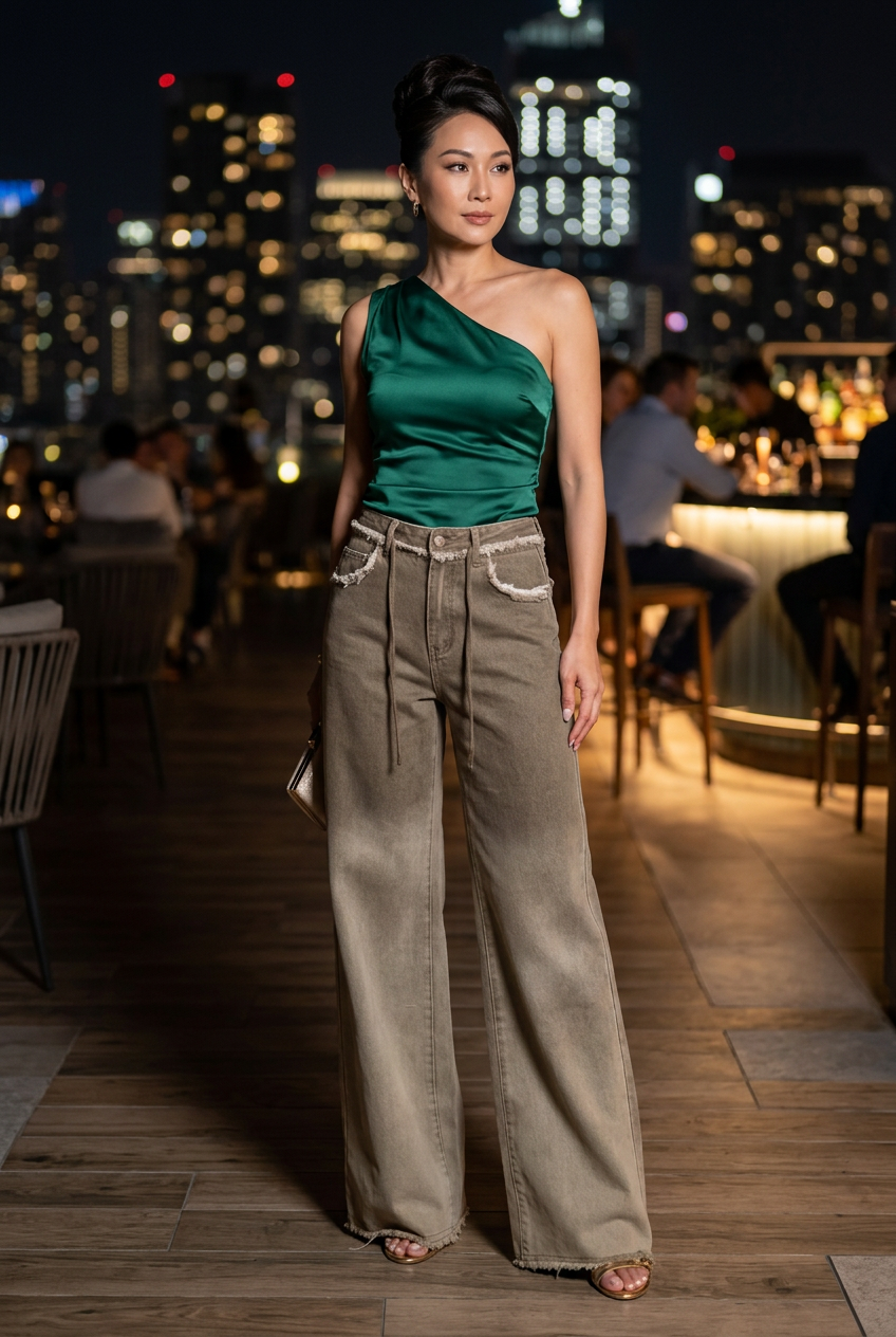 Emerald one-shoulder look