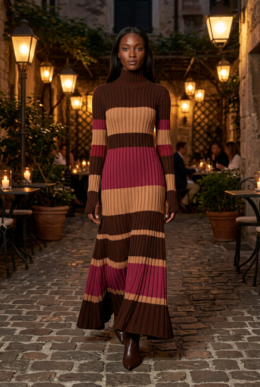 Evening courtyard dress look with chocolate boots