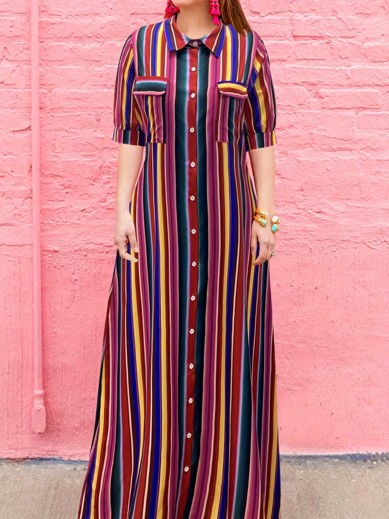 FZ Women's Bohemian Striped Shirt-Style Collar Half Sleeve Maxi Dress