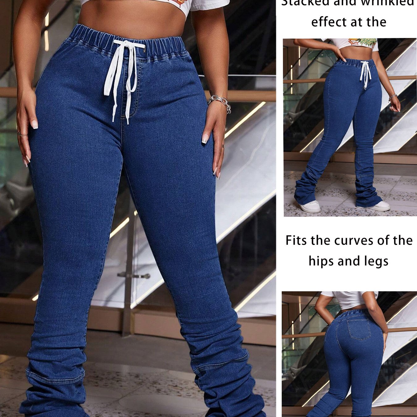 FZ Women'S Plus Size Stretchy Non-See-Through Drawstring Denim Pants