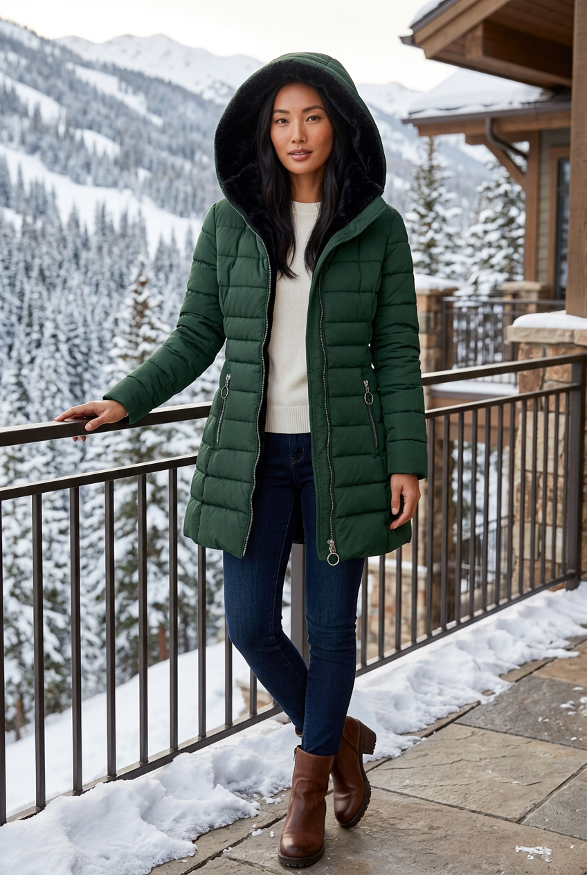 Forest-green coat styled on a mountain resort terrace