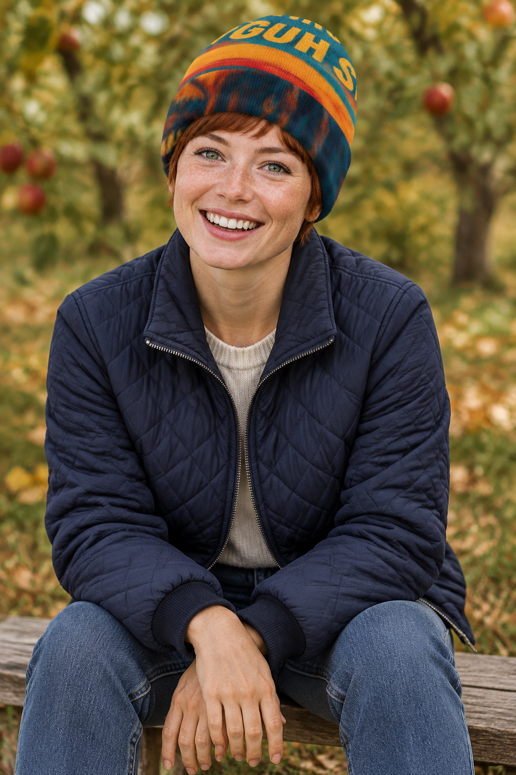Freckled female model seated in an autumn orchard wearing the beanie
