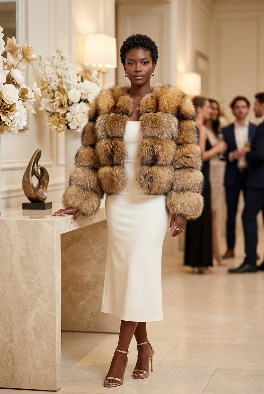 Golden-brown fur jacket at an evening reception