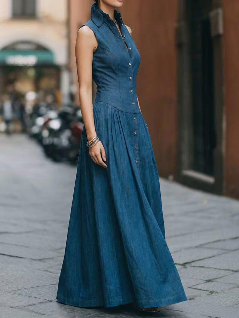 FZ Women's Sleeveless Collared Single-Breasted Waist-Defining Maxi Denim Print Dress