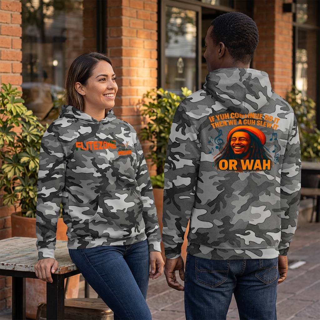Gray camo hoodie lifestyle image with a woman showing the front and a man showing the back