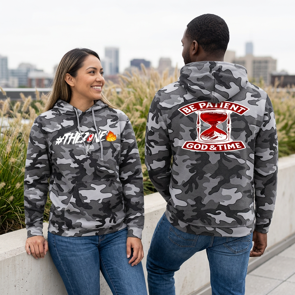 Gray camo hoodie lifestyle image with woman showing the front and man showing the back in a rooftop garden