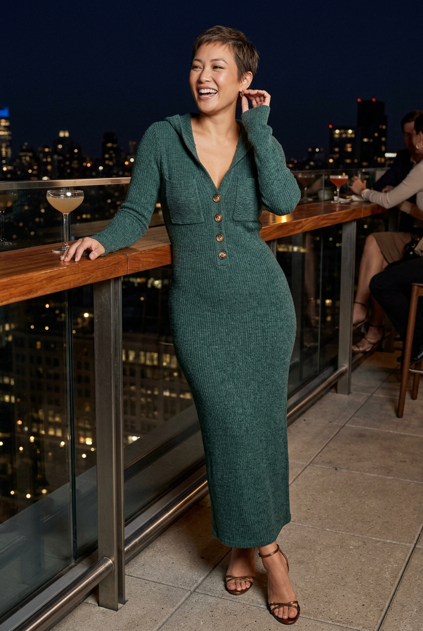Green dress, rooftop tapas-bar front view